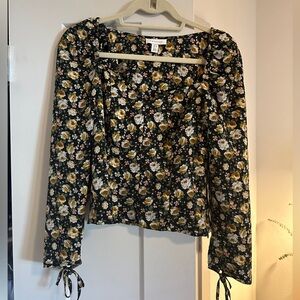 Topshop Black Floral Blouse with Yellow Accents